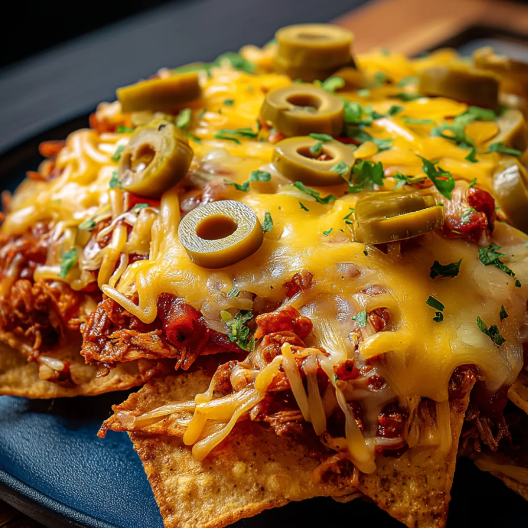 A plate of nachos with olives on top.