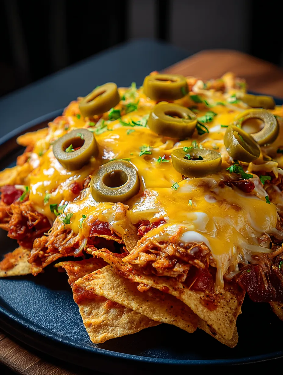 A plate of nachos with olives on top.