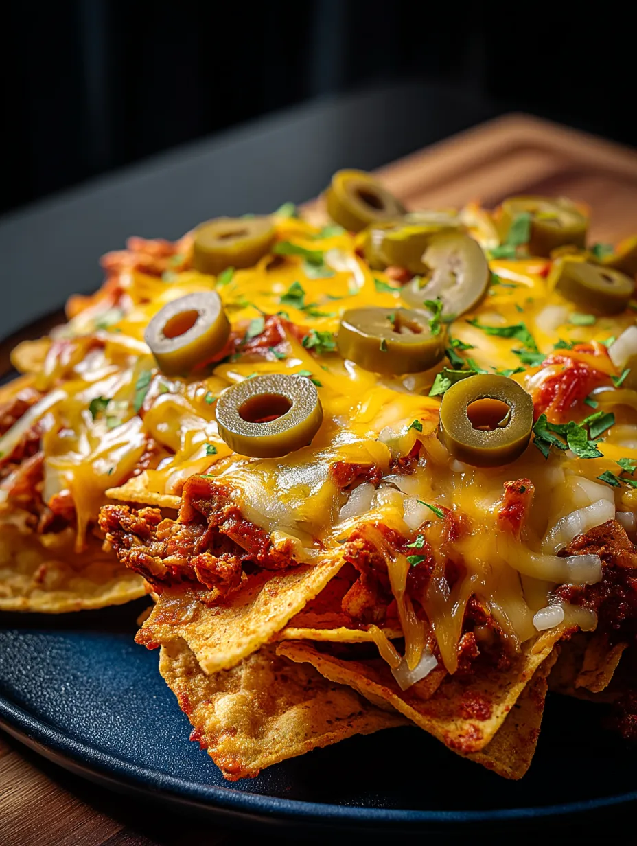 A plate of nachos with olives on top.
