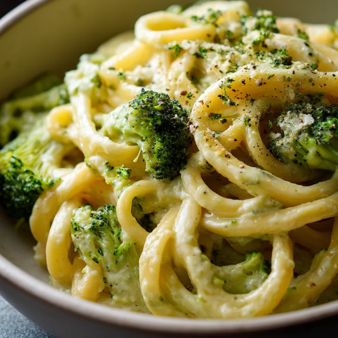 A bowl of pasta with broccoli and cheese.