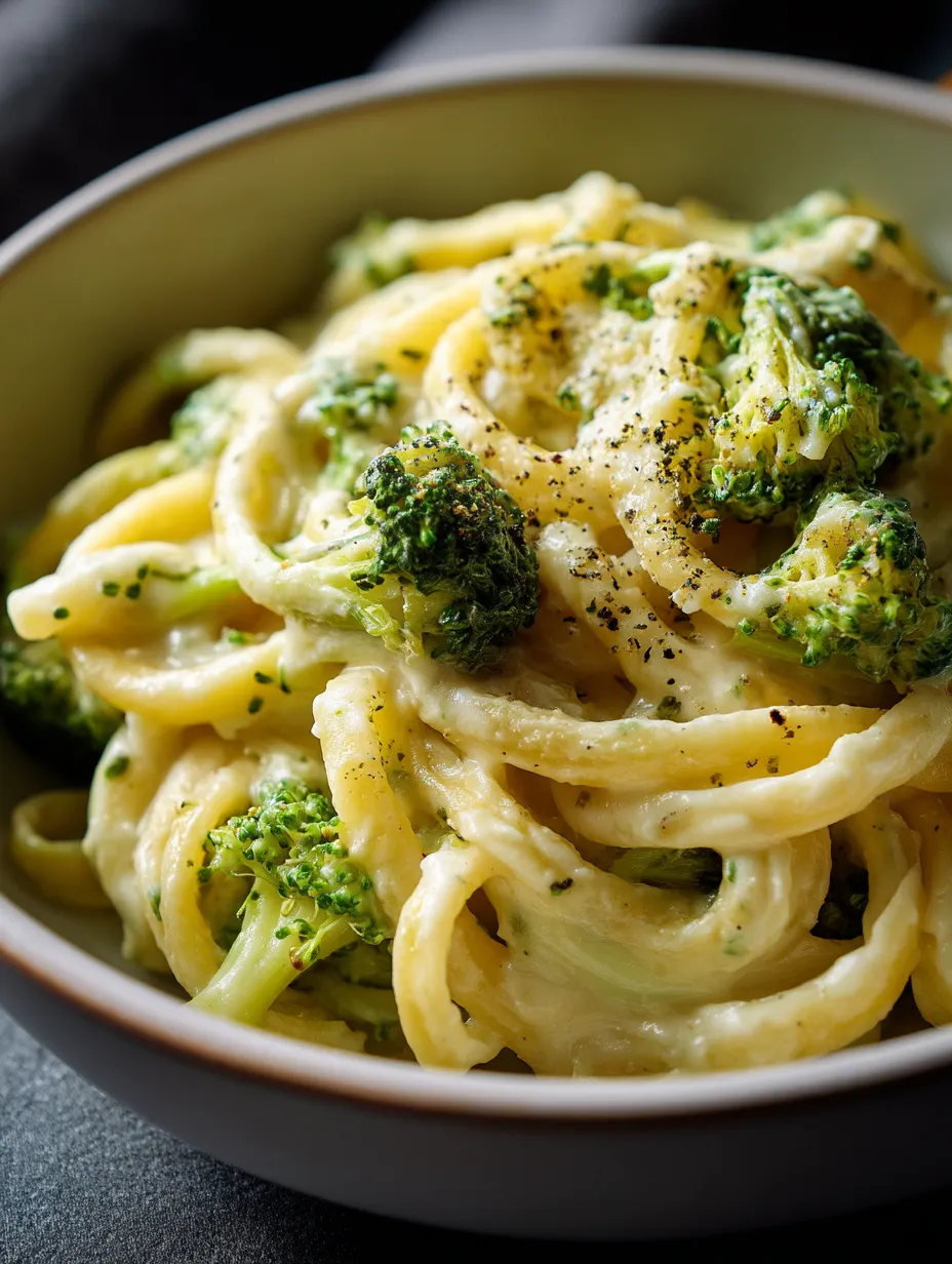 A bowl of pasta with broccoli.
