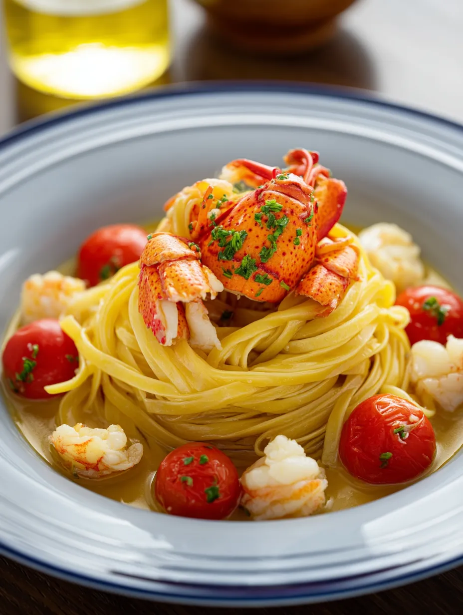 A plate of food with lobster and tomatoes.