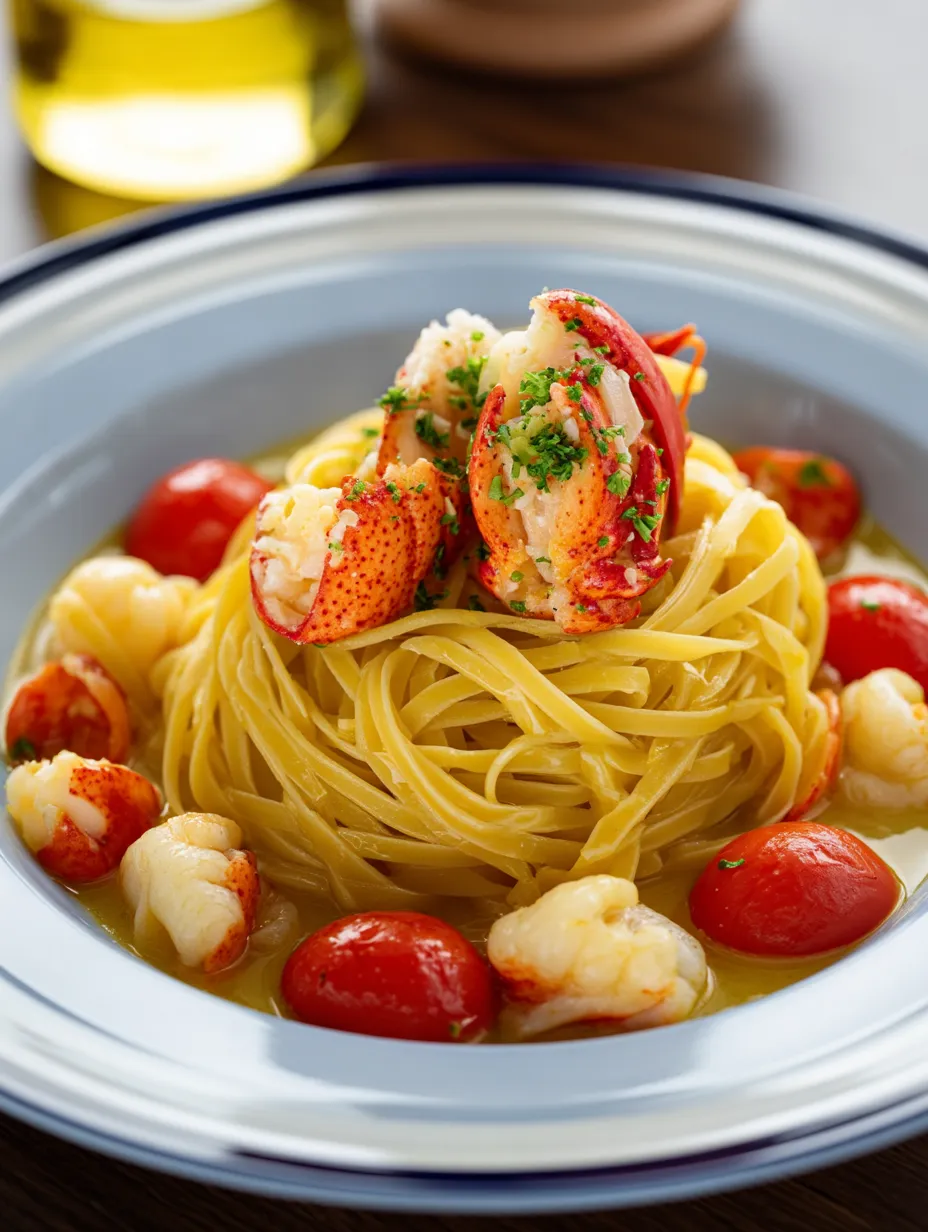 A bowl of pasta with lobster and tomatoes.