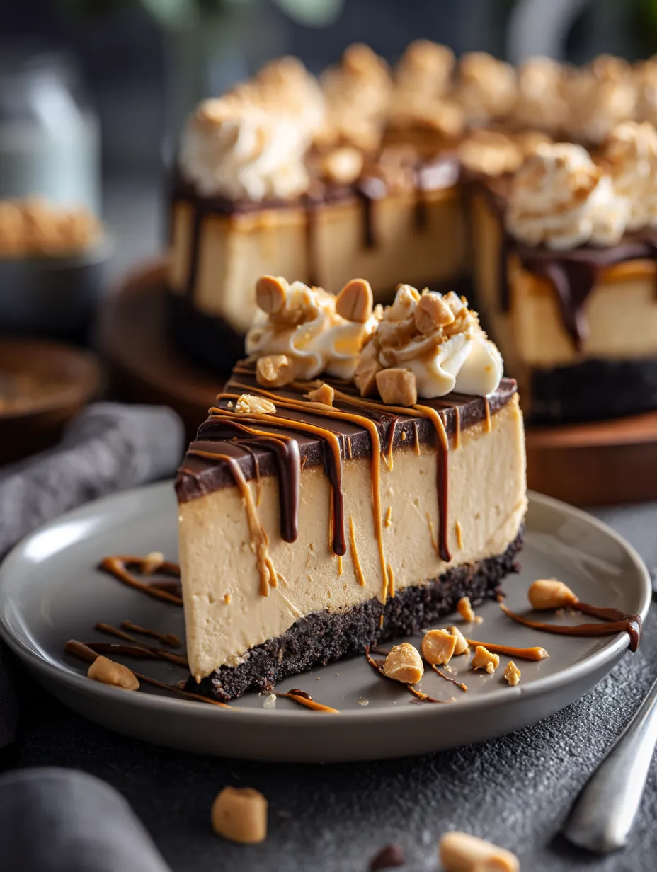 A slice of cake with peanut butter and chocolate.