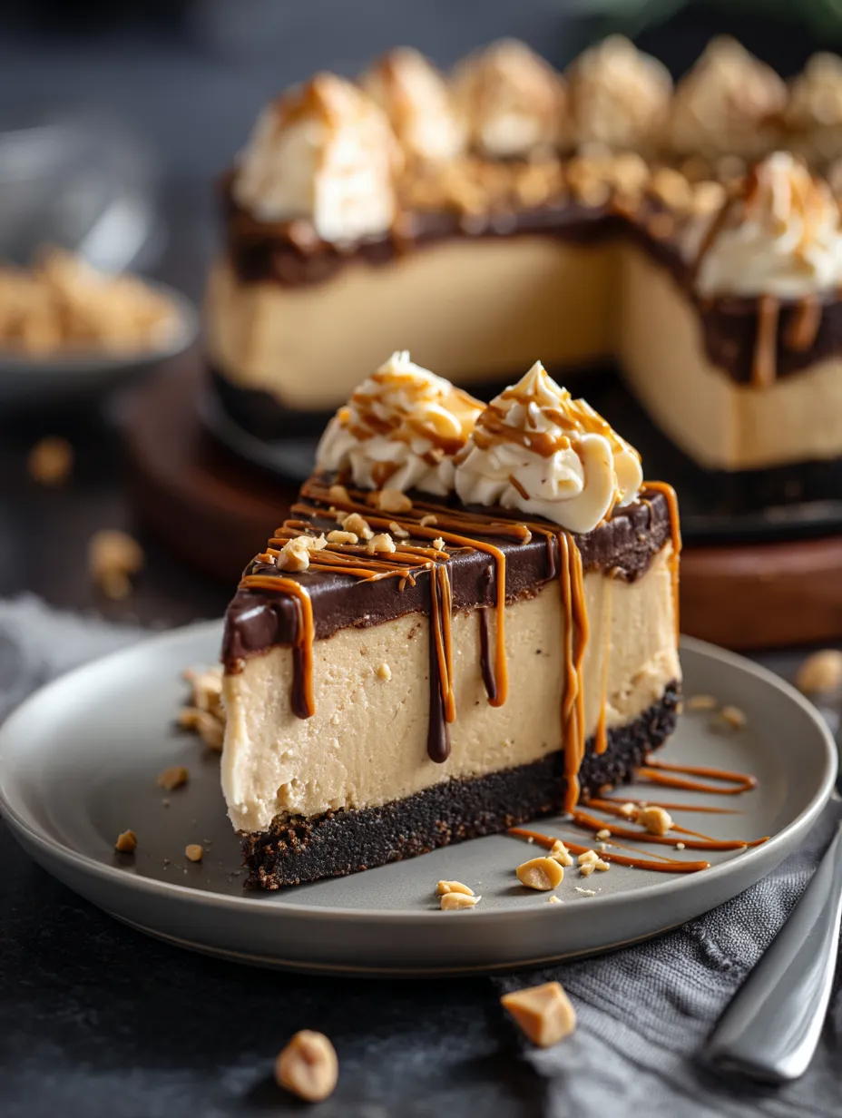 A slice of chocolate cake with caramel drizzle.