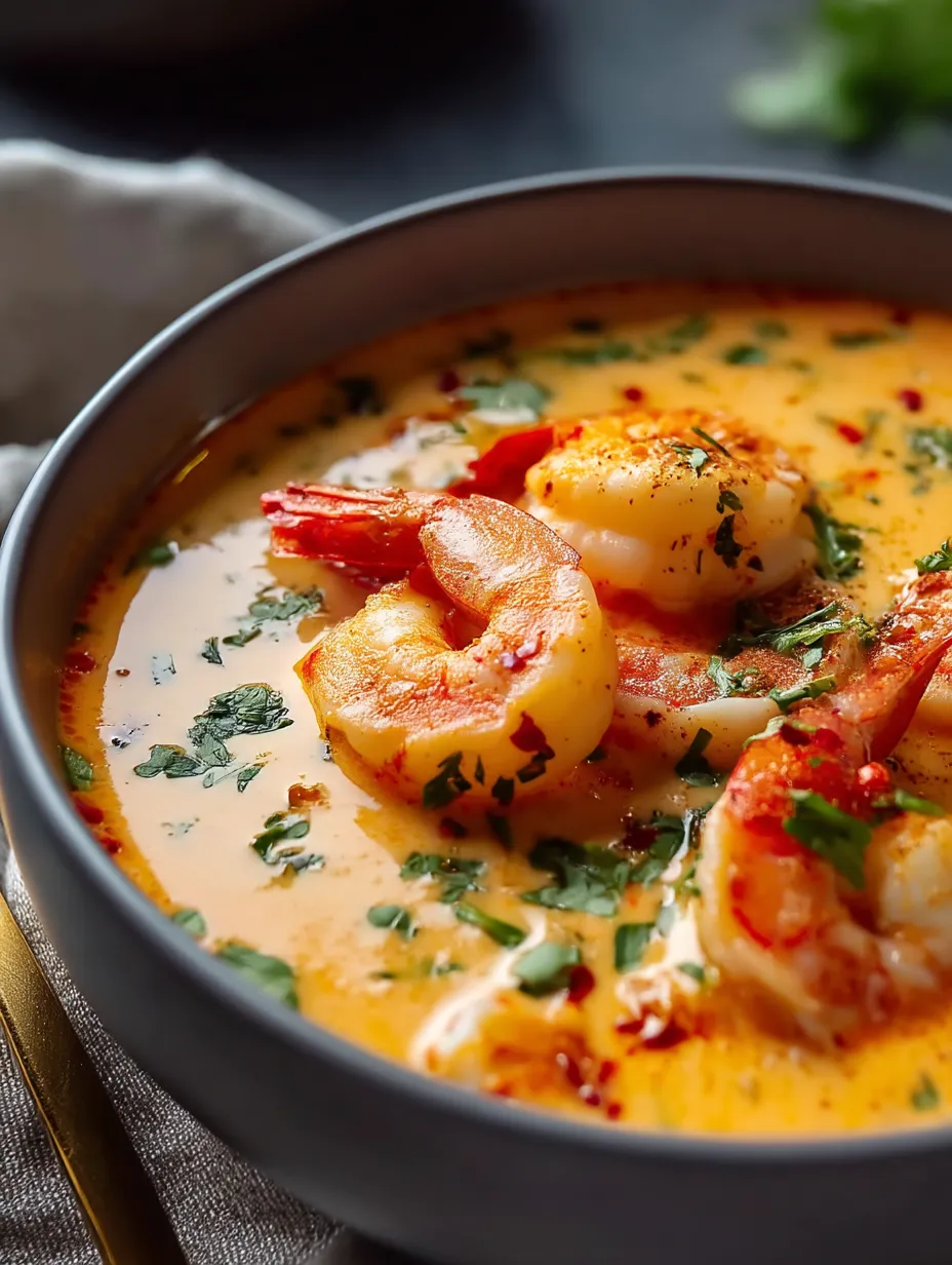 A bowl of shrimp soup with a spoon in it.