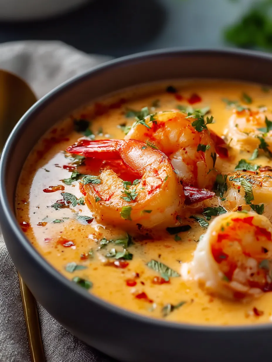 A bowl of shrimp soup with a spoon.