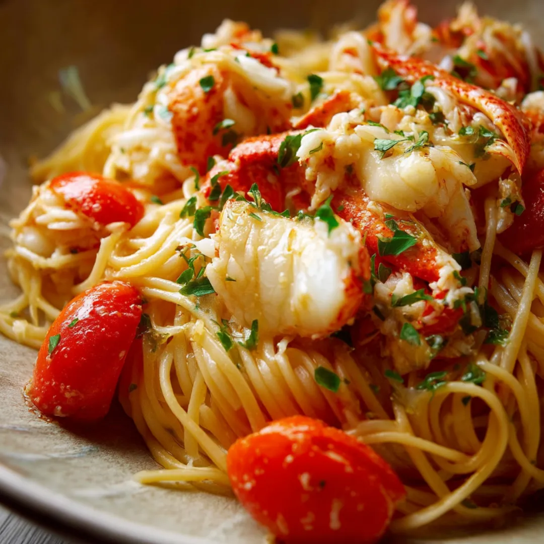 A bowl of pasta with tomatoes and lobster.