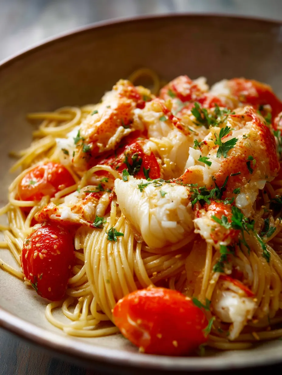 A bowl of pasta with tomatoes and lobster.