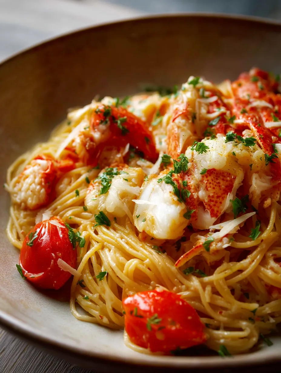 A bowl of pasta with tomatoes and lobster.