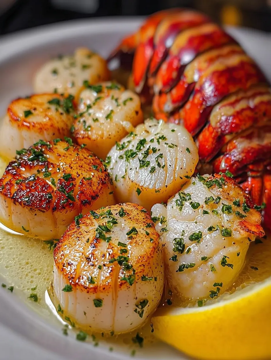 A plate of food with a lobster tail and scallops.