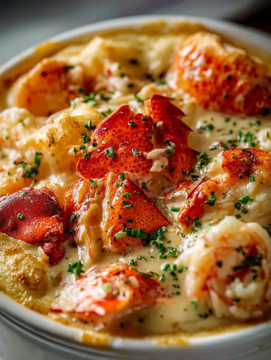 A bowl of seafood with lobster, shrimp, and scallops.