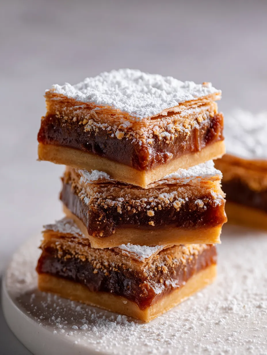 A stack of three dessert bars with powdered sugar on top.