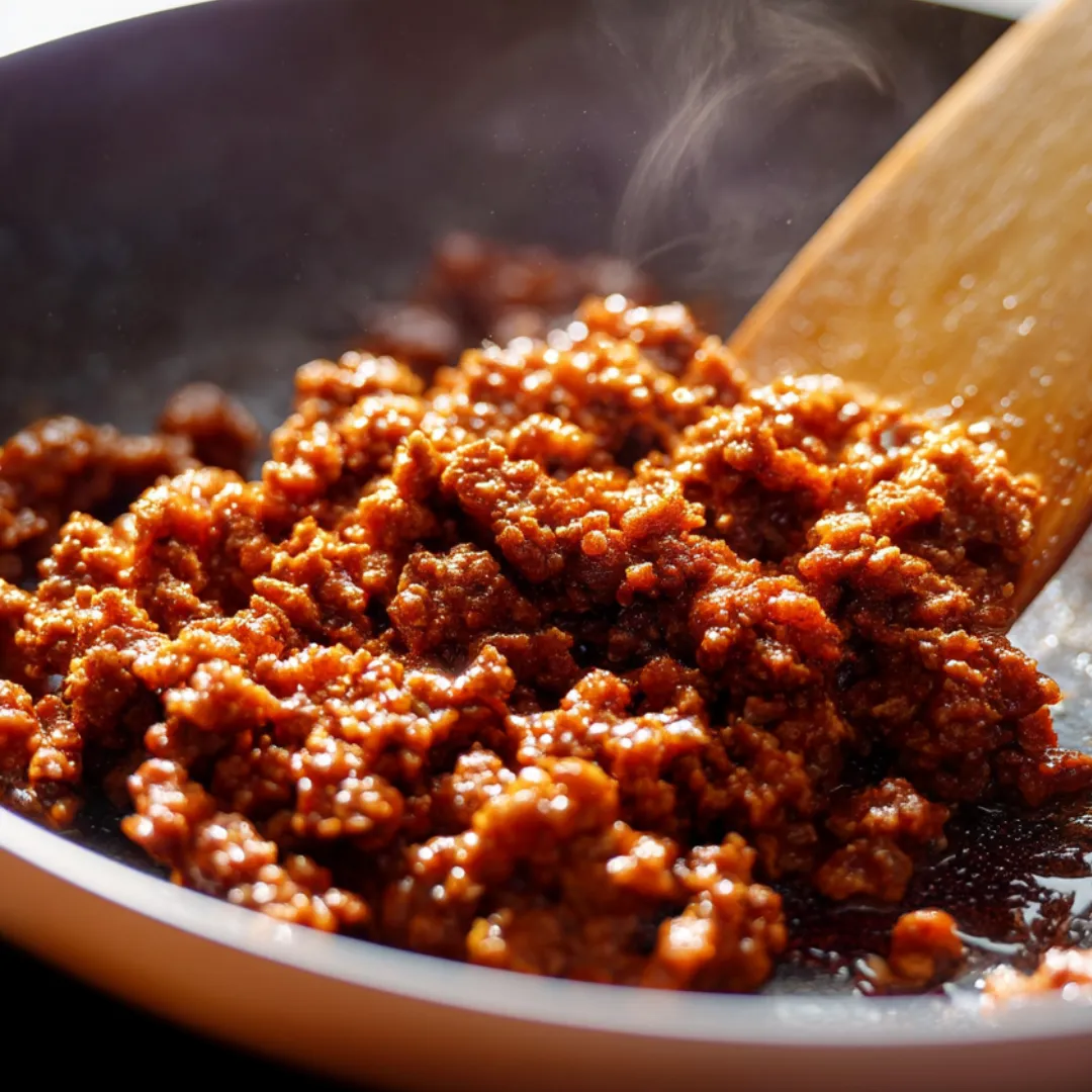 A bowl of meat is being stirred.