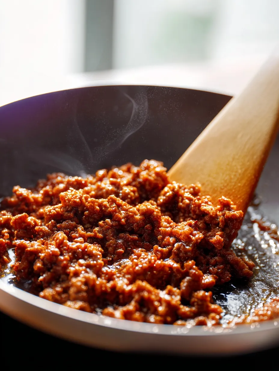 A pan of meat is being stirred.