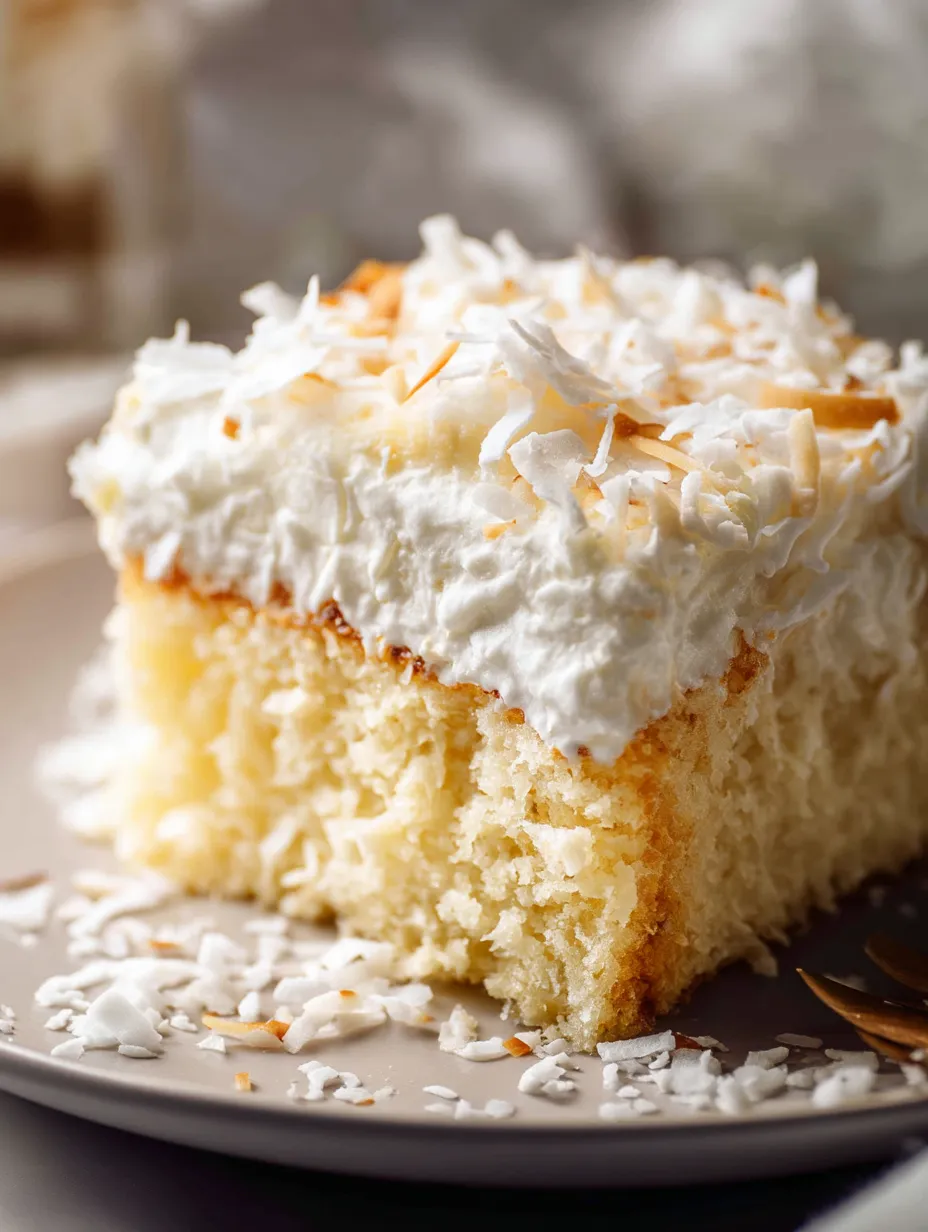 A slice of cake with white frosting and coconut on top.