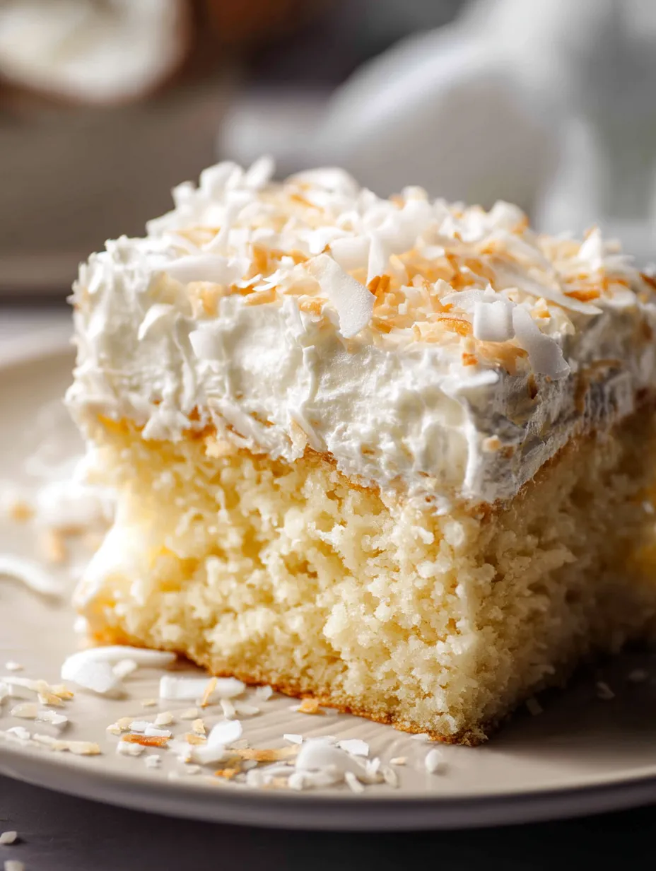 A slice of cake with white frosting and coconut on top.