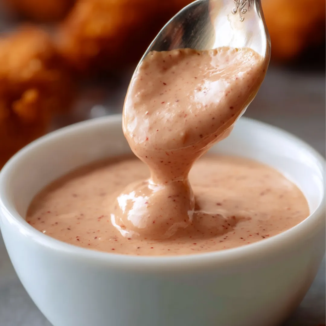 A spoon is in a bowl of sauce.