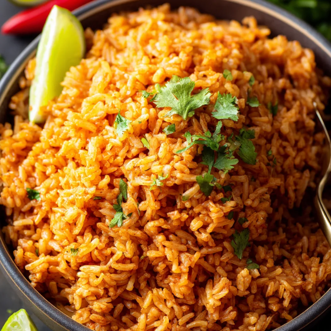 A bowl of rice with a green herb on top.