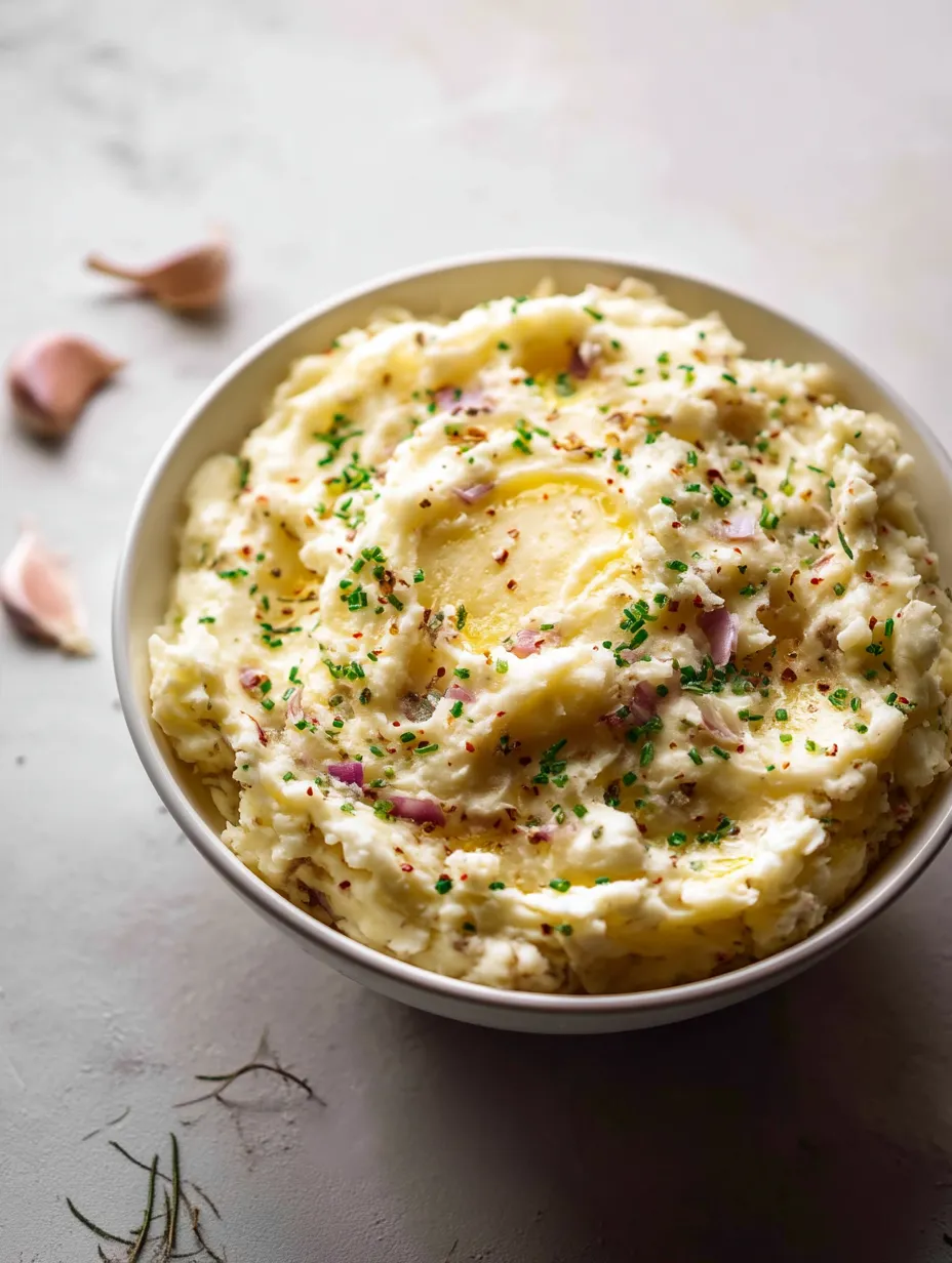 A bowl of mashed potatoes with green herbs.
