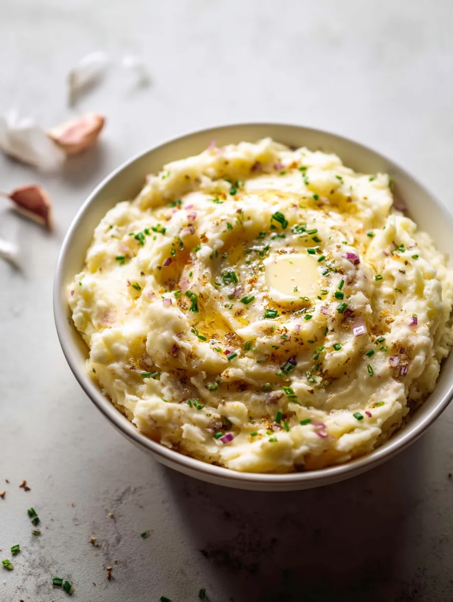 A bowl of mashed potatoes with herbs.