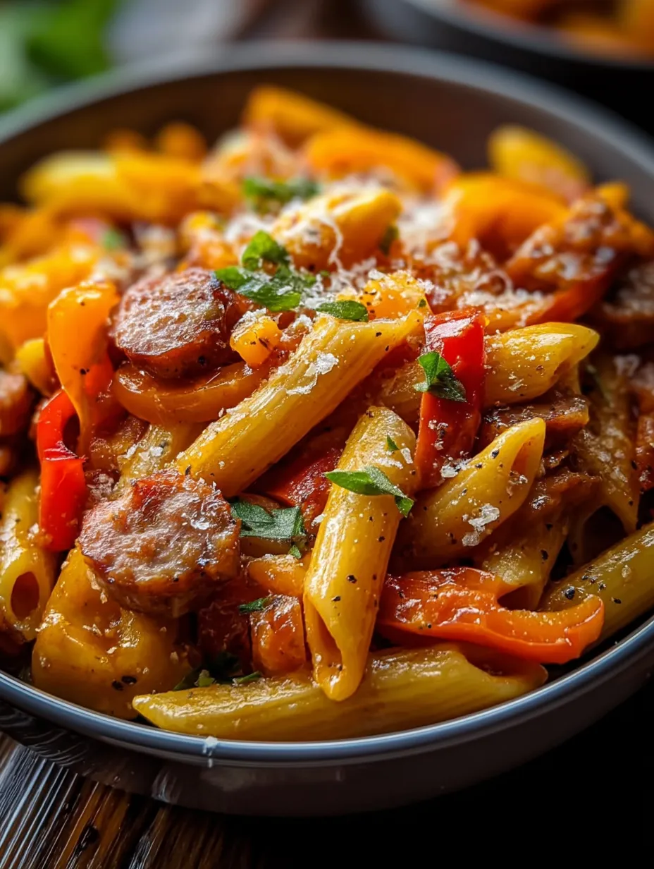 A bowl of pasta with sausage and peppers.