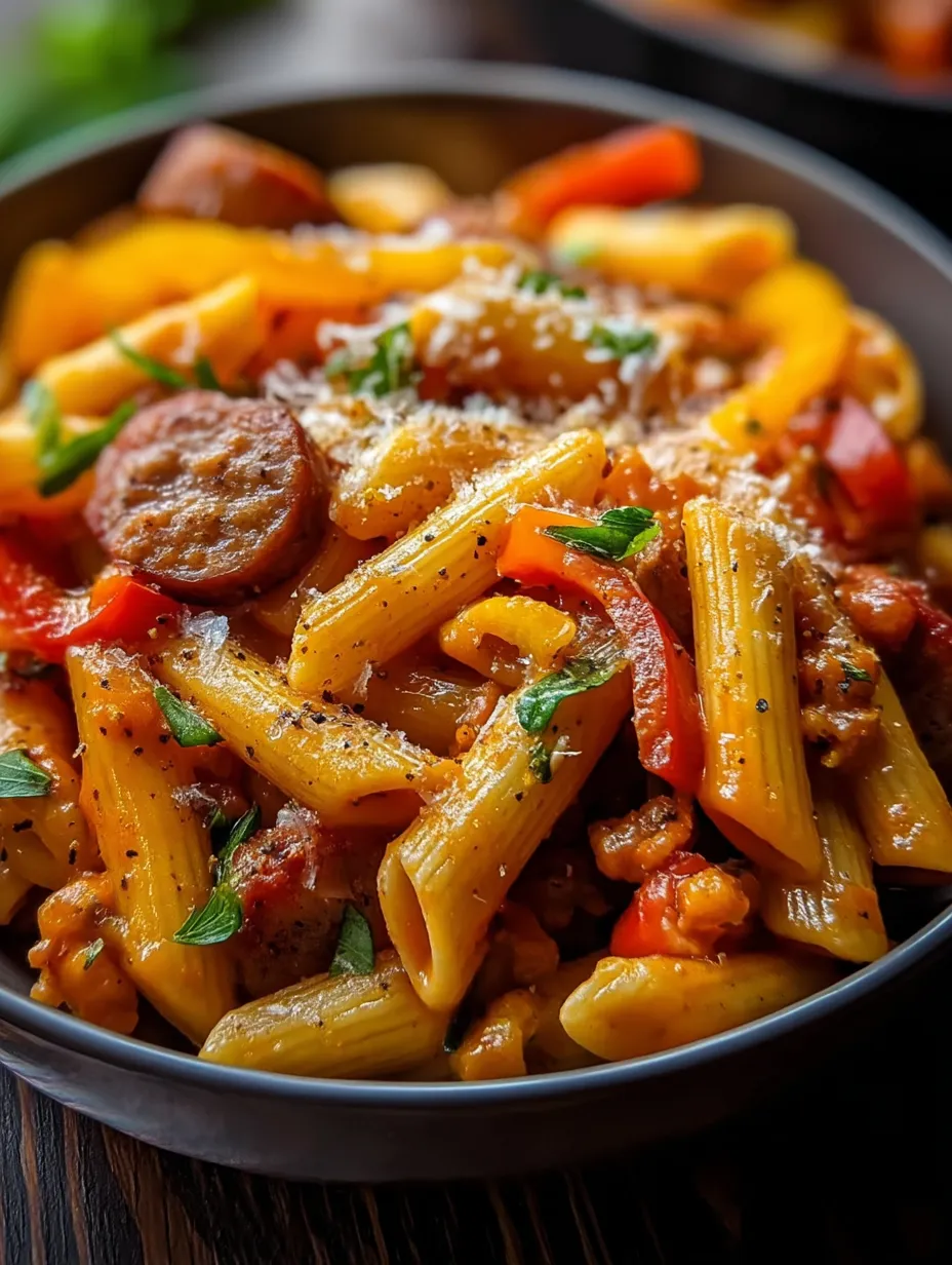 A bowl of pasta with sausage and peppers.