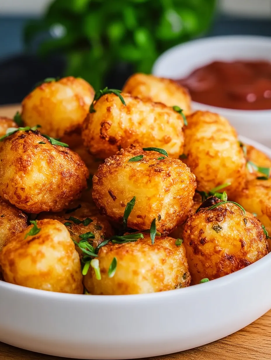 A bowl of tater tots with ketchup.