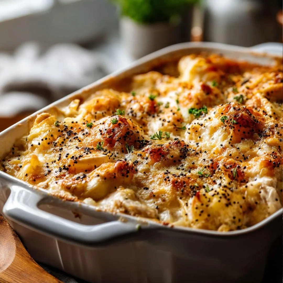 A casserole dish filled with food.