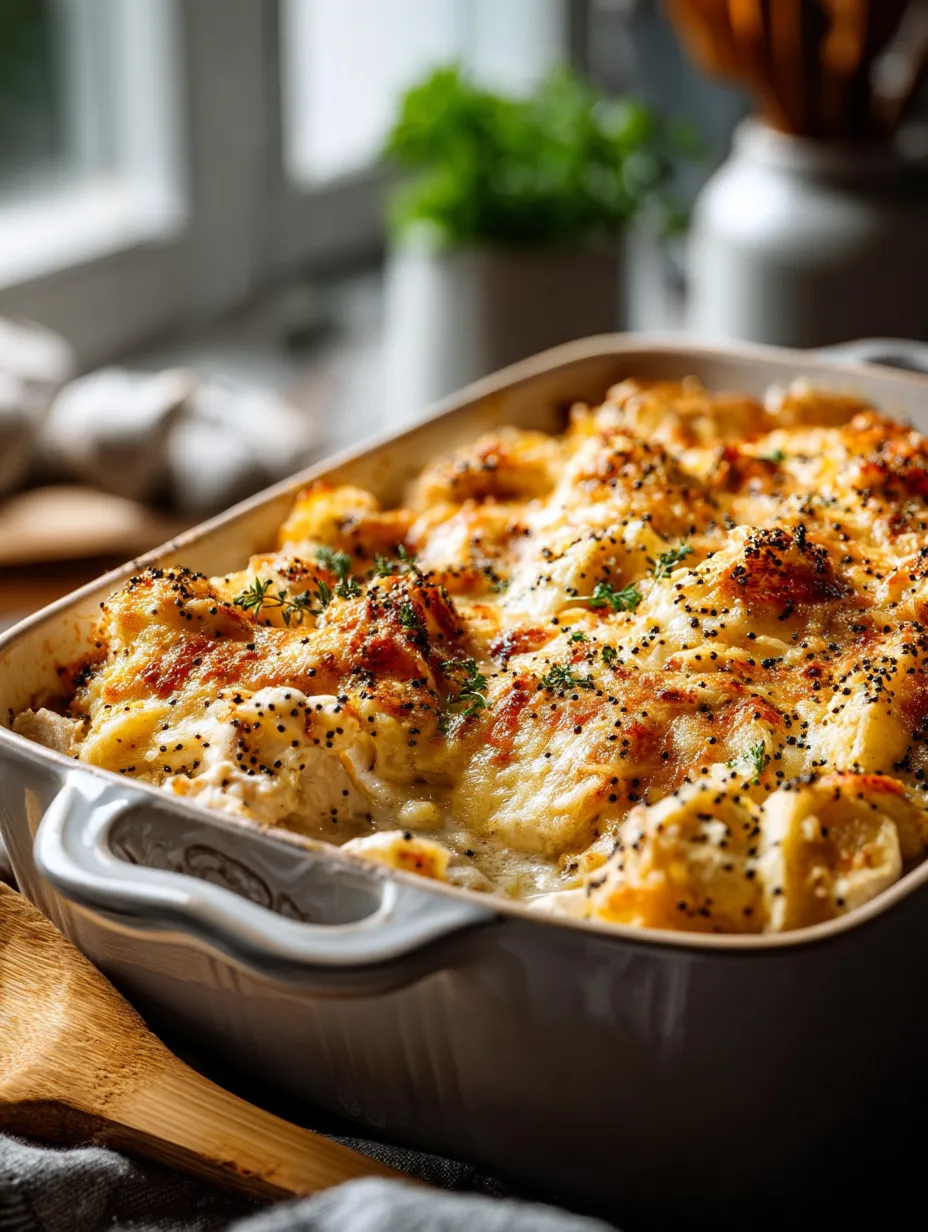 A casserole dish filled with food.