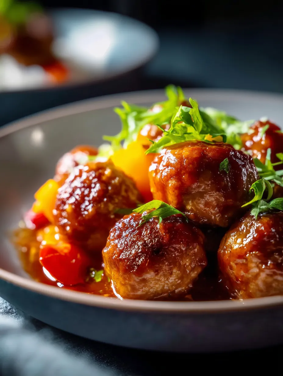 A plate of meatballs with a green garnish.