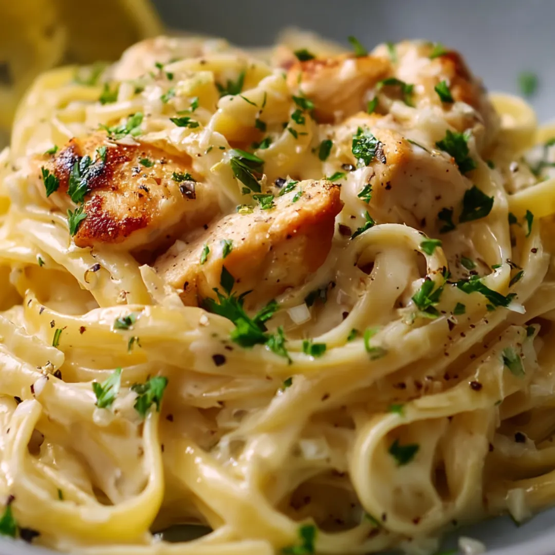 A plate of pasta with chicken and herbs.
