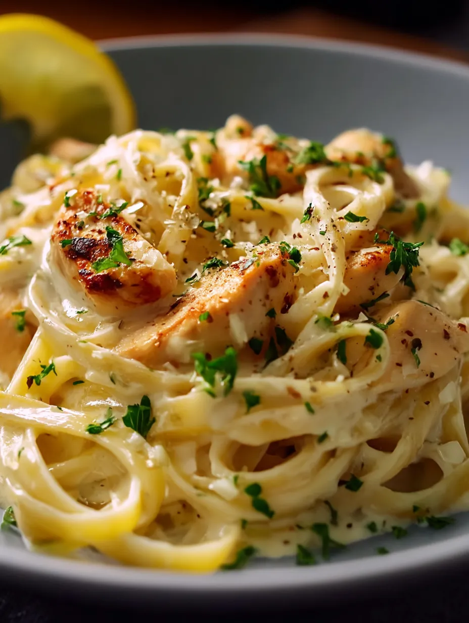 A plate of pasta with chicken and lemon.
