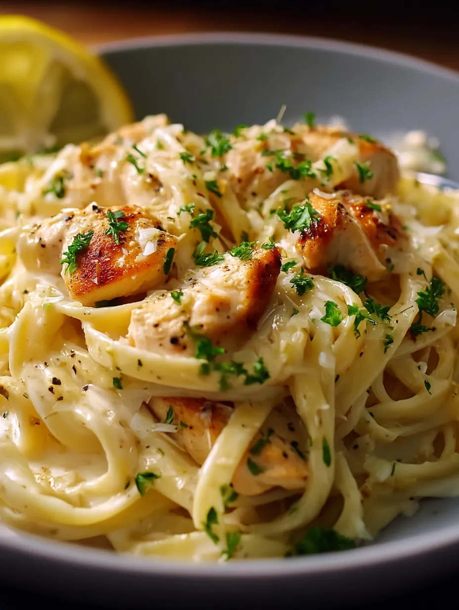 A plate of pasta with chicken and herbs.