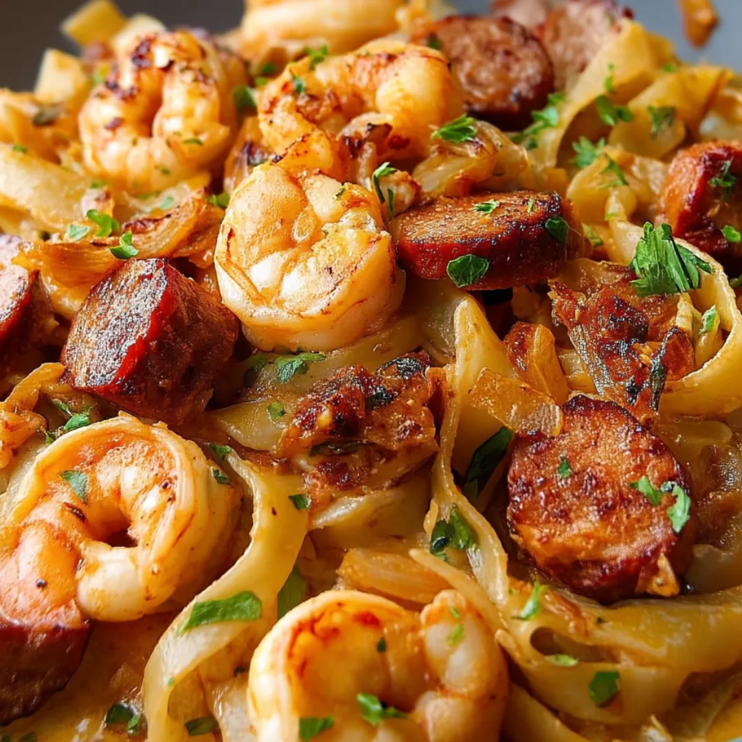 A plate of food with shrimp, sausage, and noodles.