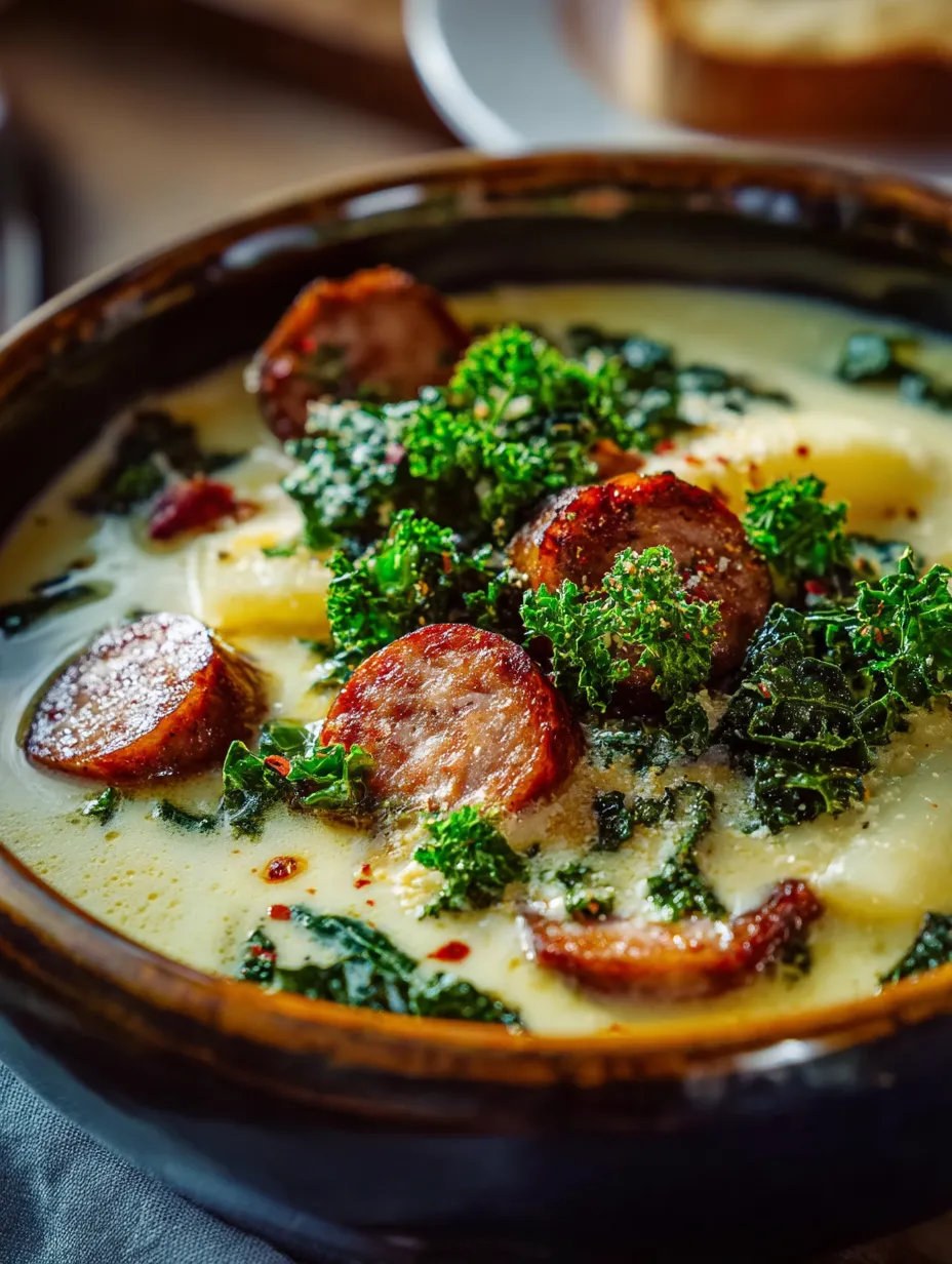 A bowl of soup with sausage and broccoli.