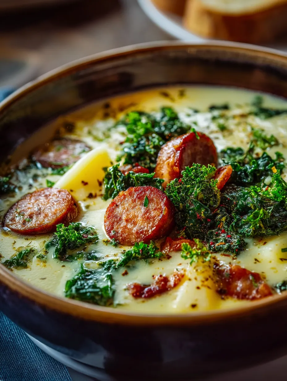 A bowl of soup with sausage and greens.