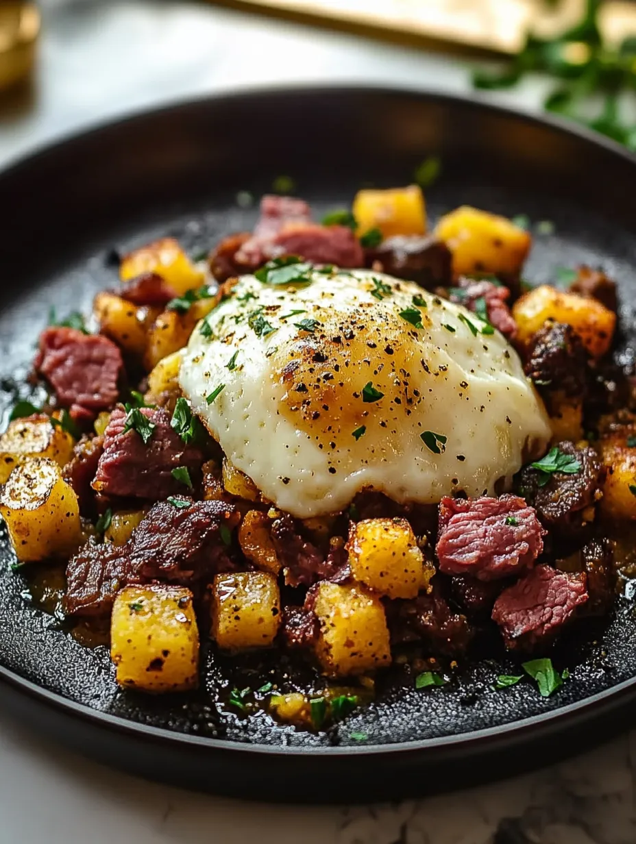 A plate of food with a fried egg on top.