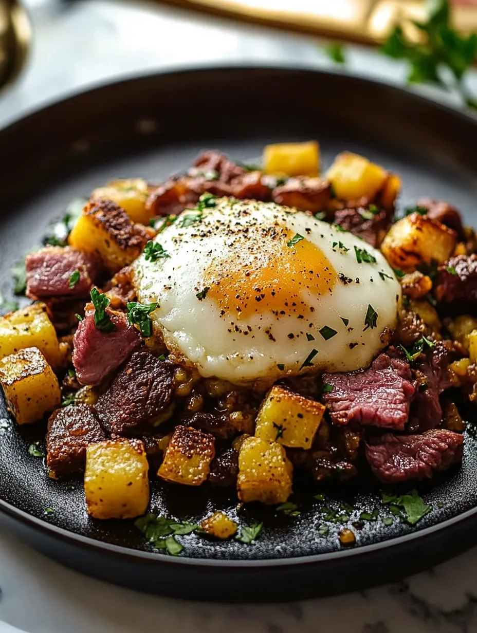 A plate of food with a fried egg on top.