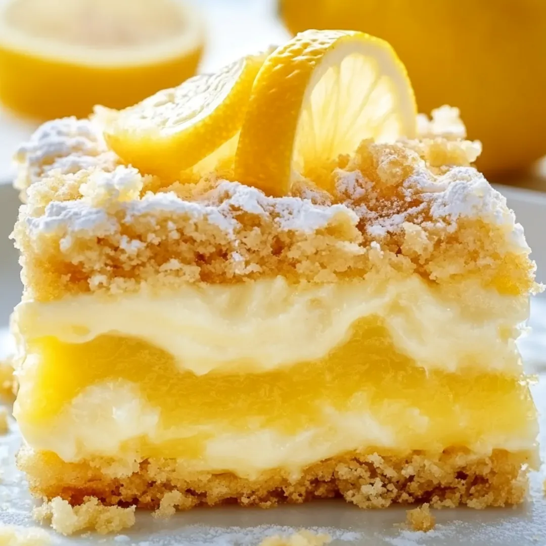 A slice of lemon cake with lemon wedges on top.