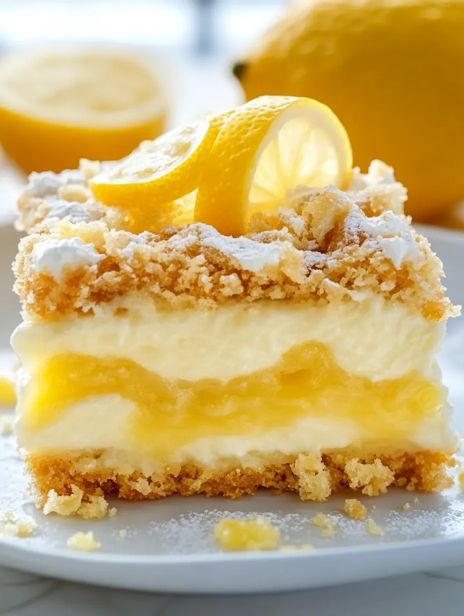 A slice of lemon cake with lemon wedges on top.