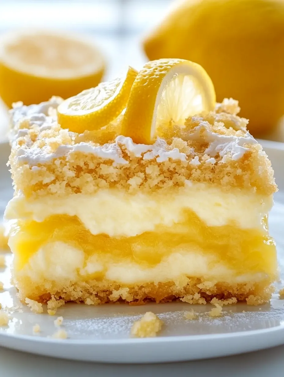A slice of lemon cake with a lemon wedge on top.