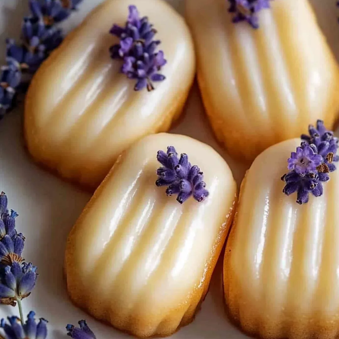 Three small pastries with purple flowers on top.