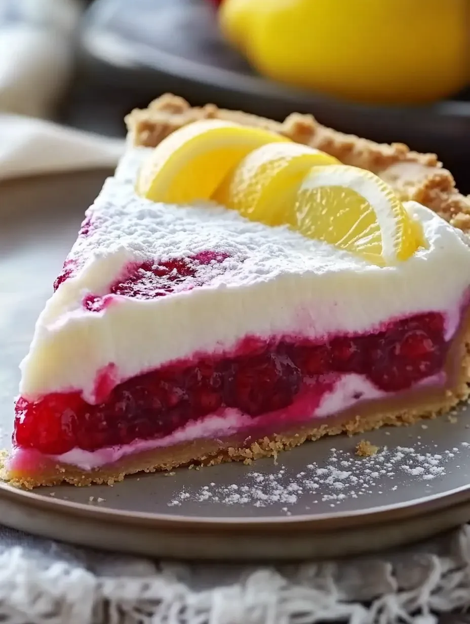 A slice of pie with lemon and raspberry toppings.