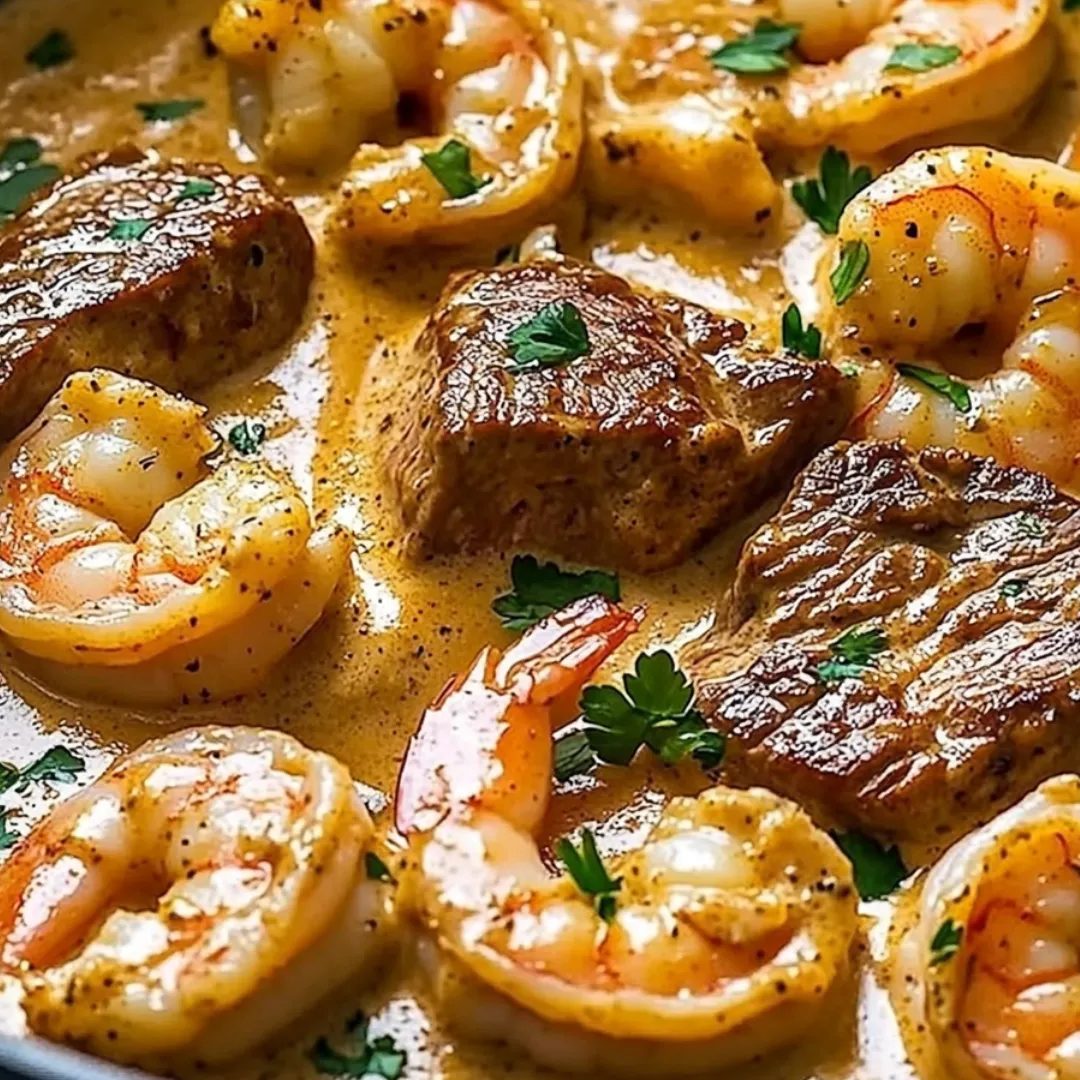 A bowl of shrimp and beef with a brown sauce.