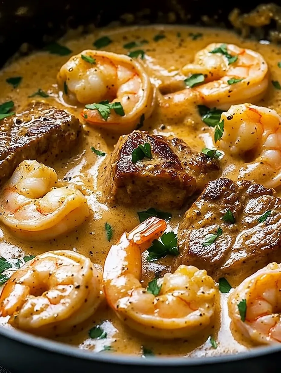A bowl of shrimp and meat with a creamy sauce.
