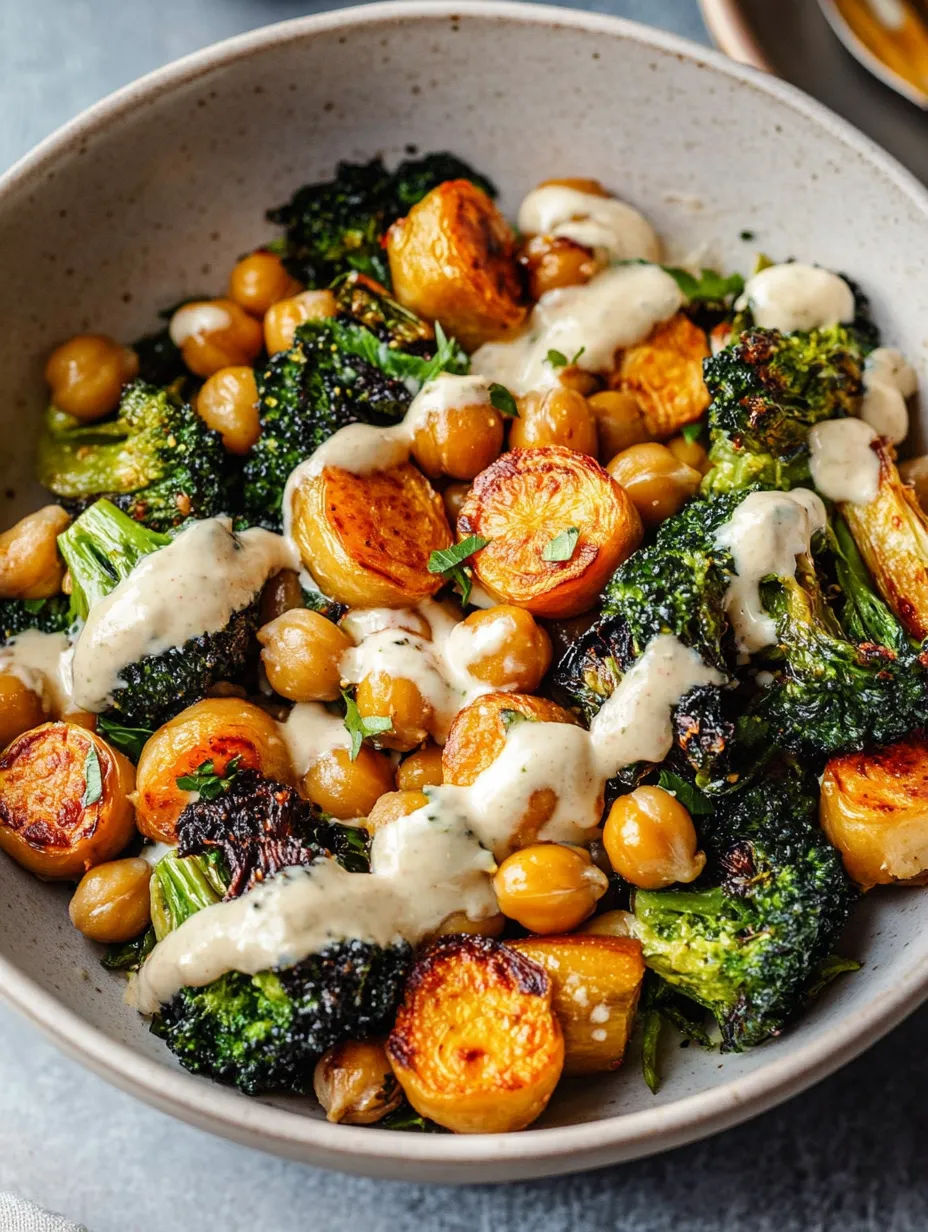 A bowl of vegetables with a white sauce.