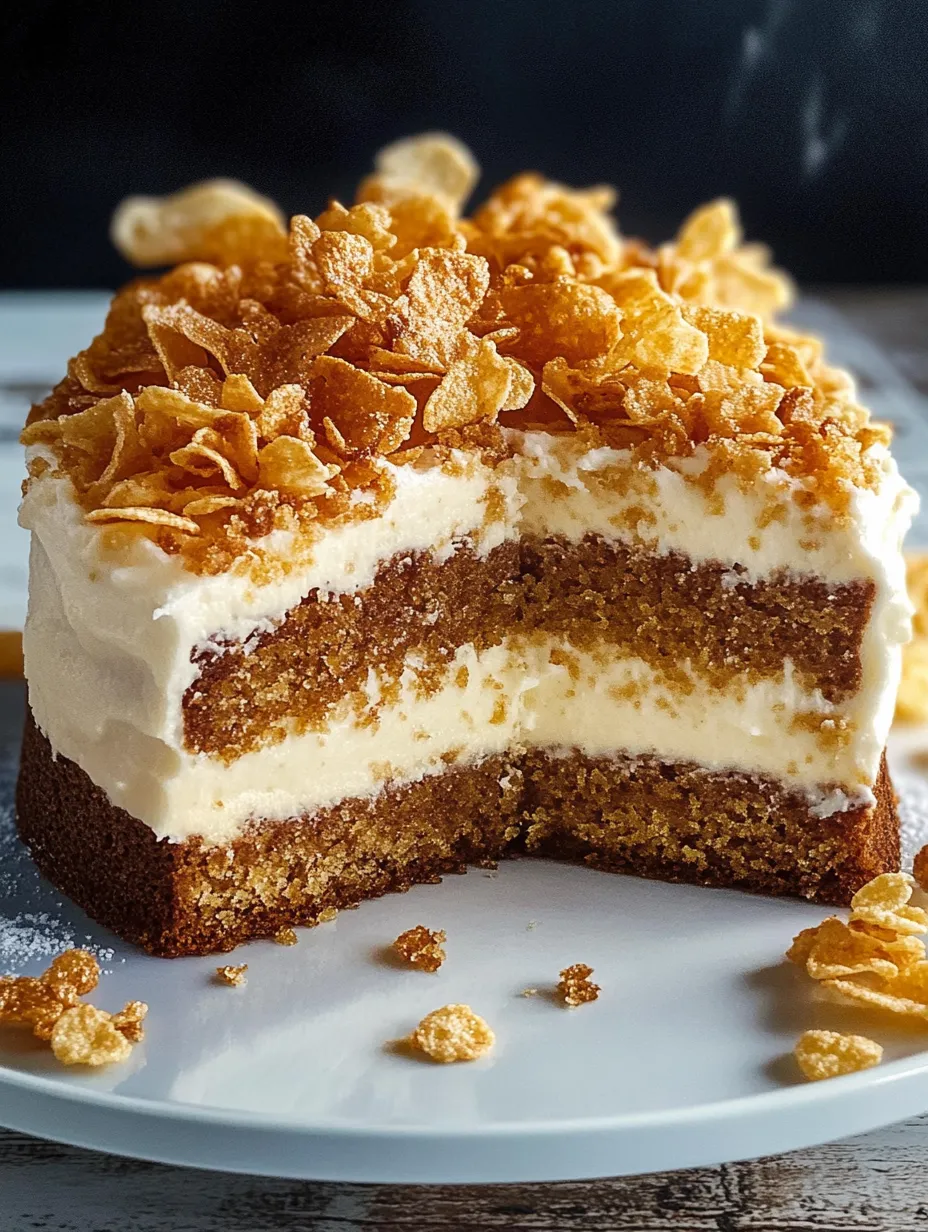 A slice of cake with a white frosting and a sprinkle of cereal on top.
