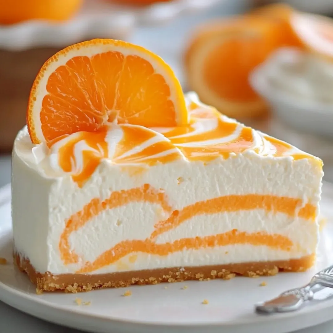 A slice of orange cheesecake with orange slices on top.