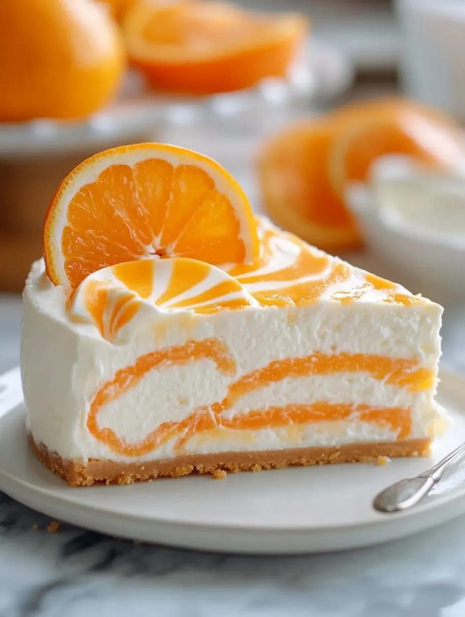 A slice of orange cheesecake with orange slices on top.